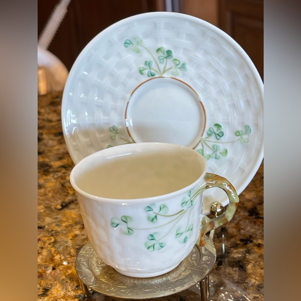 Vintage Belleek Shamrock 1880 Collection Teacup & Saucer Set.  Ireland